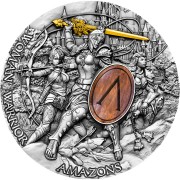 Niue Island AMAZONS series WOMAN WARRIOR $5 Silver Coin 2019 Antique finish Ultra High Relief Wooden shield Gold plated 2 oz